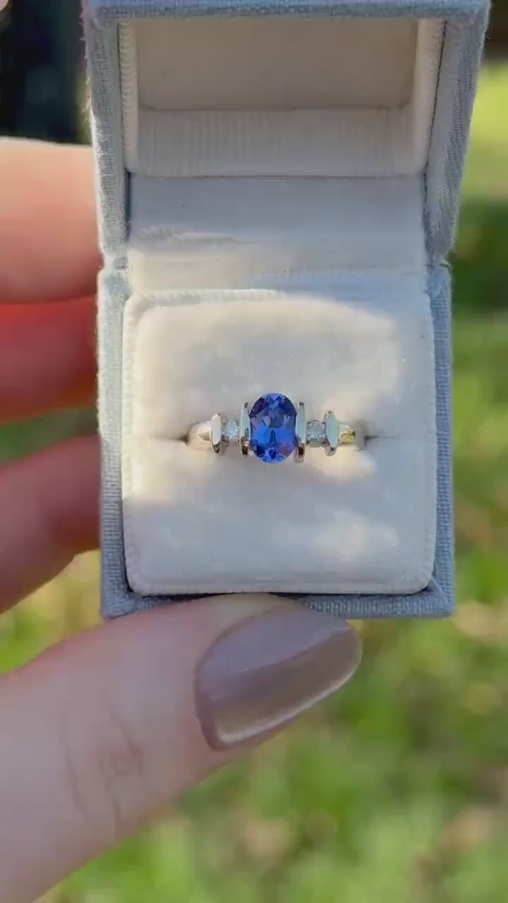 Sapphire and diamond ring three stone ring 9k solid white gold ring with lab grown ethical sapphire and natural diamonds, size 4.75