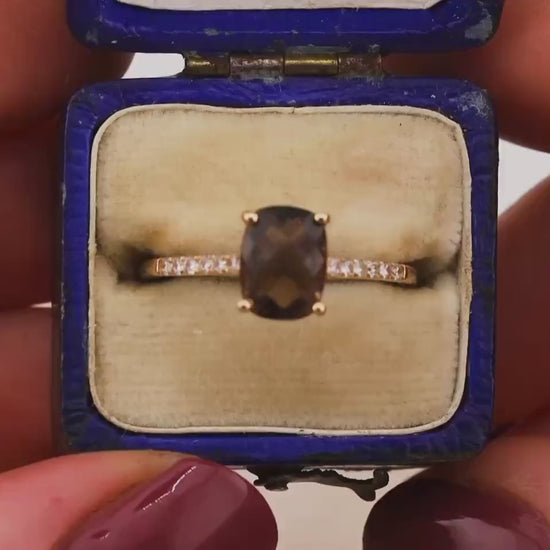 Smoky quartz and diamond ring 14k solid gold pave band ring statement or engagement ring cushion cut smoky quartz with pave band, size 7