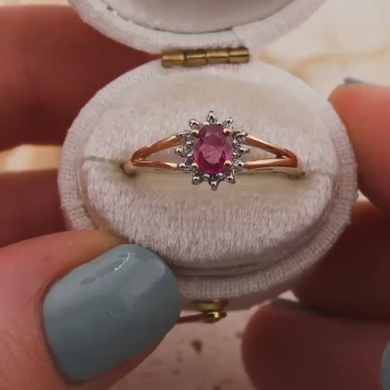 Vintage Oval Ruby Ring, 10k Yellow Gold Halo, Size 7