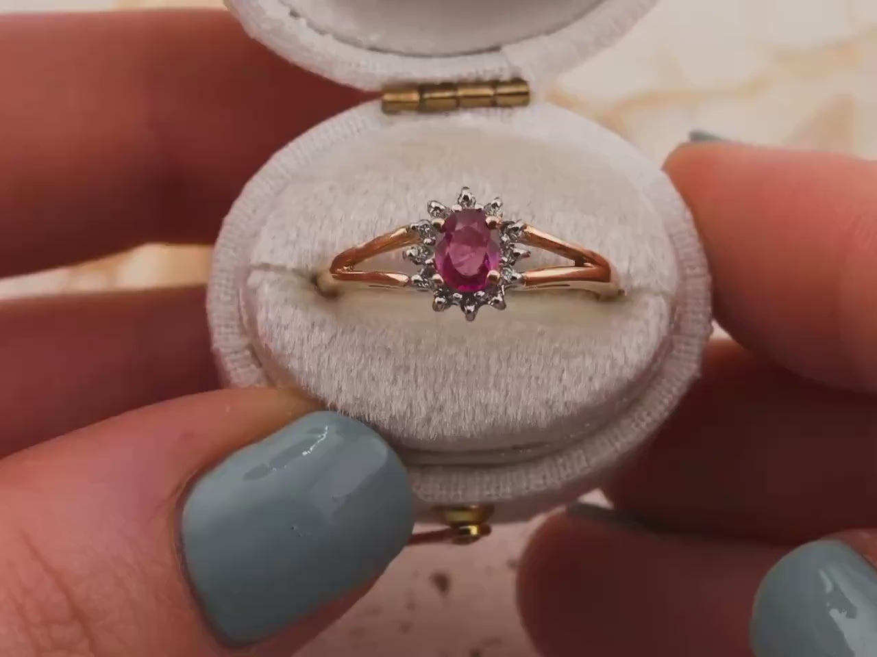 Vintage Oval Ruby Ring, 10k Yellow Gold Halo, Size 7