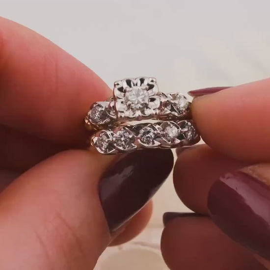 Vintage bridal set engagement ring and wedding band set 14k solid gold old European cut engagement ring antique wedding rings, size 5.5