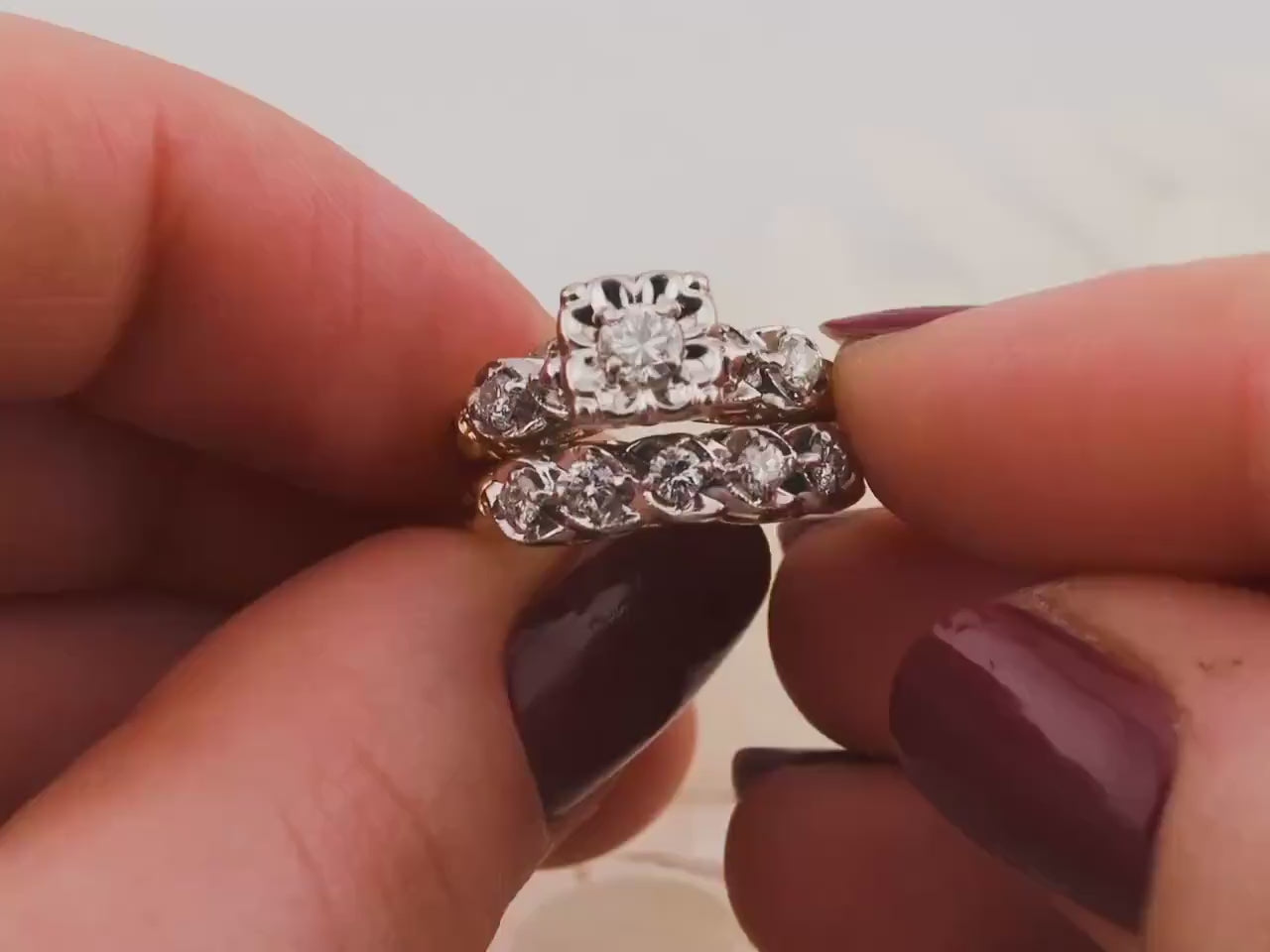 Vintage bridal set engagement ring and wedding band set 14k solid gold old European cut engagement ring antique wedding rings, size 5.5