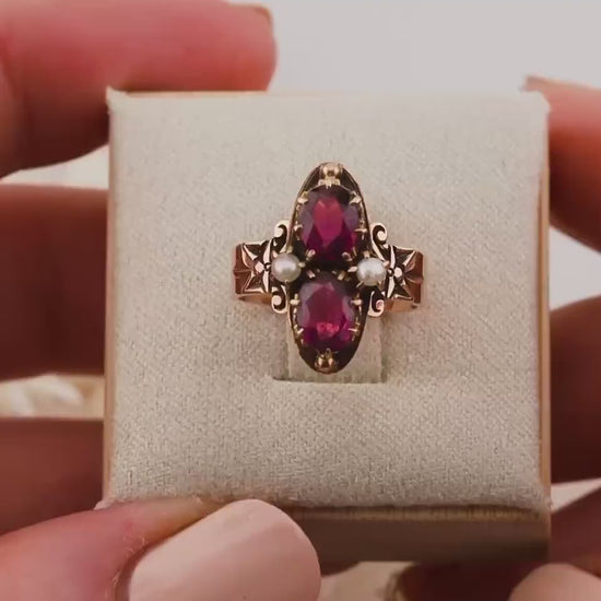 Vintage garnet and pearl ring 14k solid yellow gold Victorian ring antique vertical ring, size 4.5