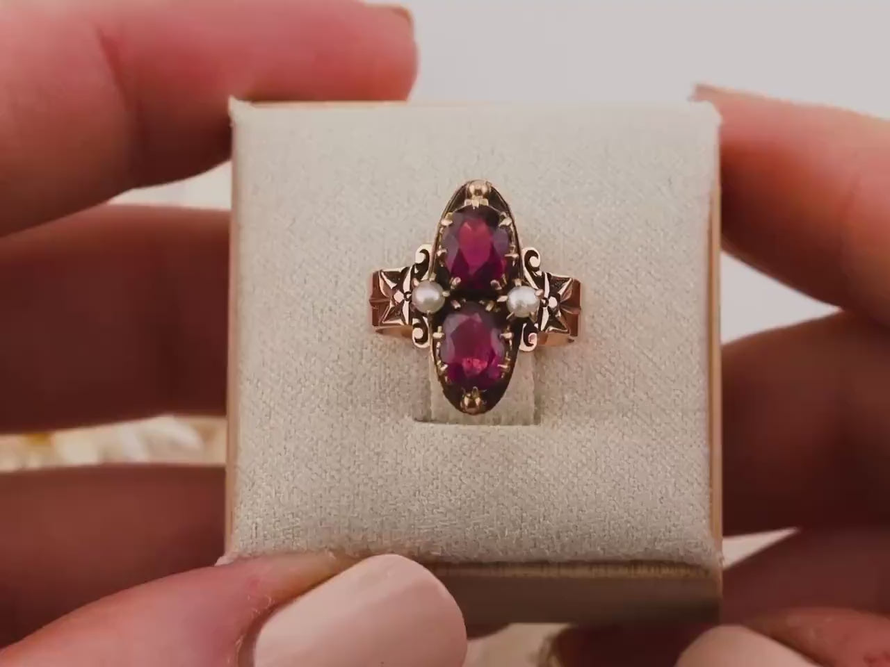 Vintage garnet and pearl ring 14k solid yellow gold Victorian ring antique vertical ring, size 4.5