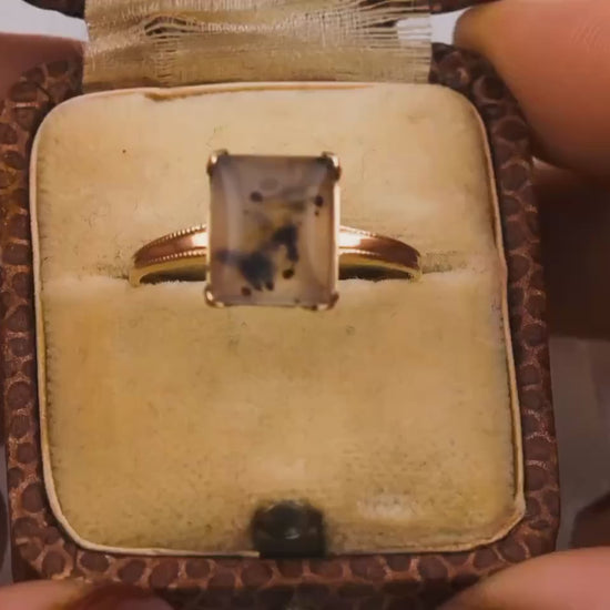 Vintage moss agate ring Edwardian solid yellow gold solitaire size 9