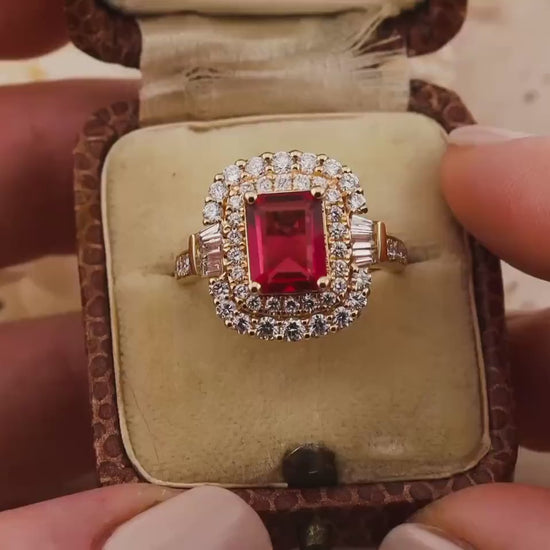Ruby and Diamond Ring Emerald cut Lab grown Ruby double halo ring yellow gold, size 7