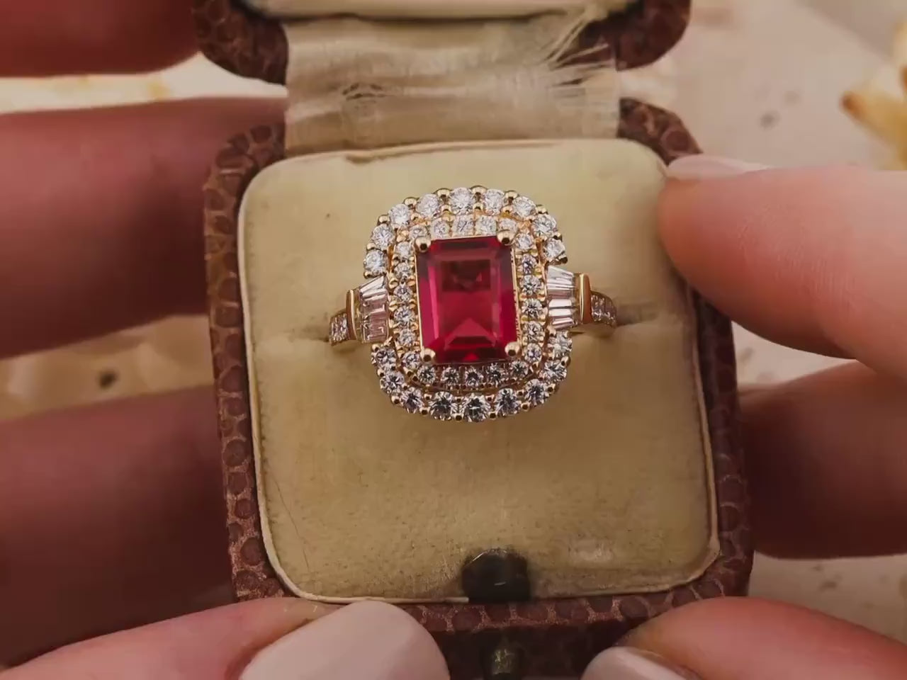 Ruby and Diamond Ring Emerald cut Lab grown Ruby double halo ring yellow gold, size 7