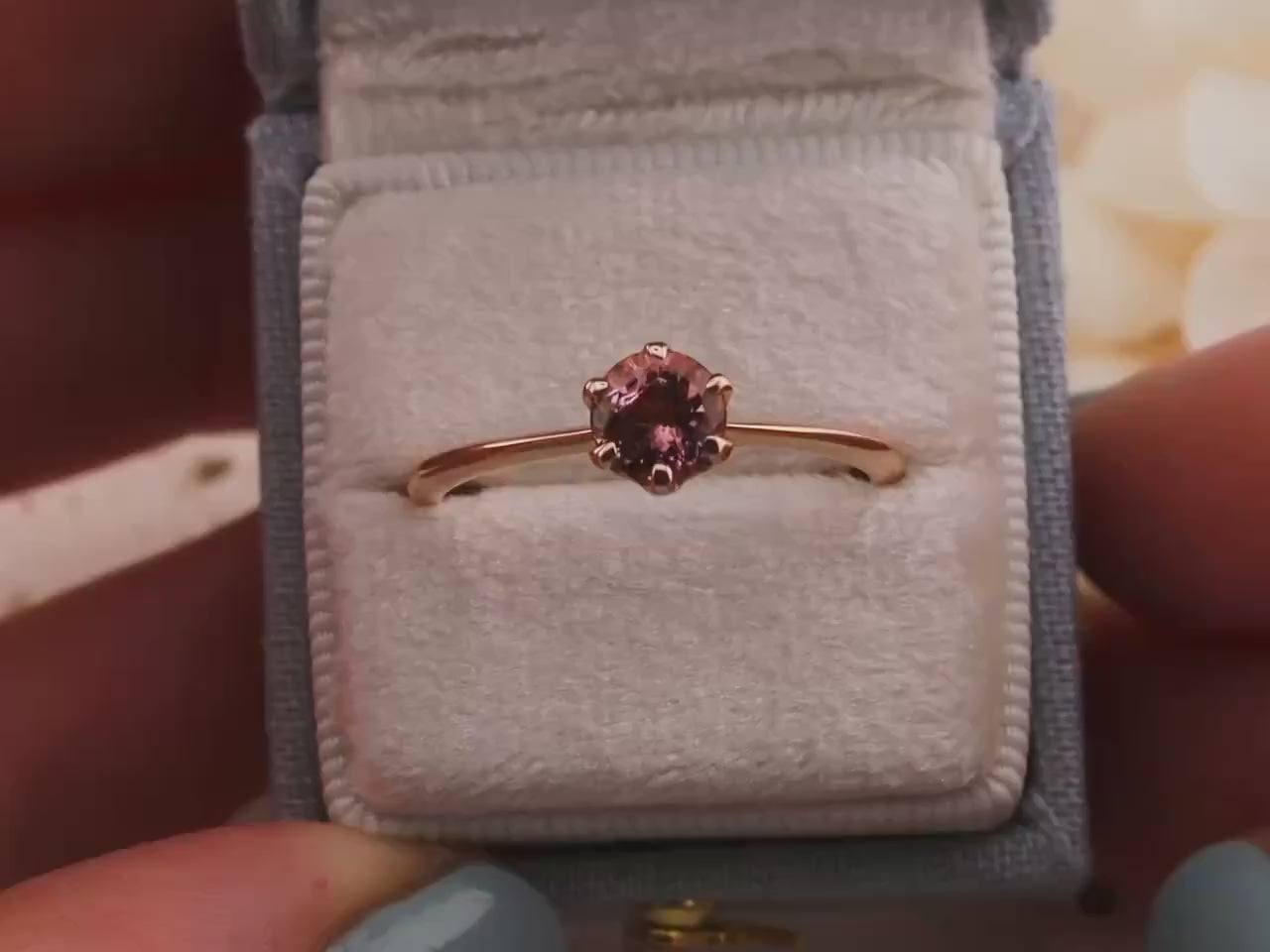 Vintage pink tourmaline ring 9k solid rose gold round cut solitaire ring, size 10
