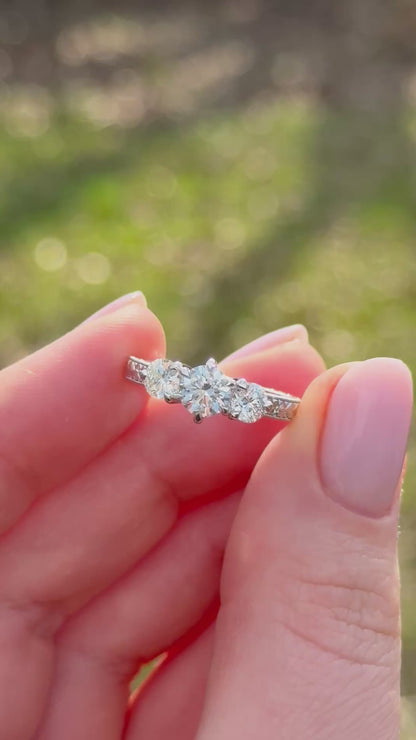 1.38ctw Round Brilliant Lab Diamond Three Stone Engraved Ring - Francesca