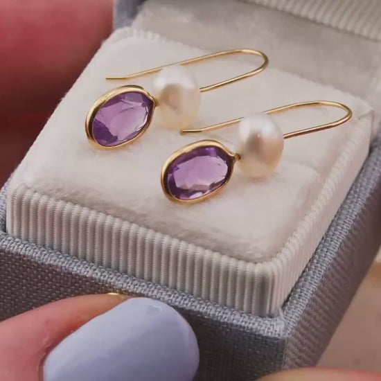Amethyst and pearl earrings bezel set pear dangle earrings 14k solid yellow gold February birthstone earrings