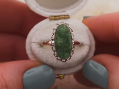 Vintage jade ring oval cut jade 10k solid white gold statement ring bezel set filigree detail genuine antique ring, Size 7