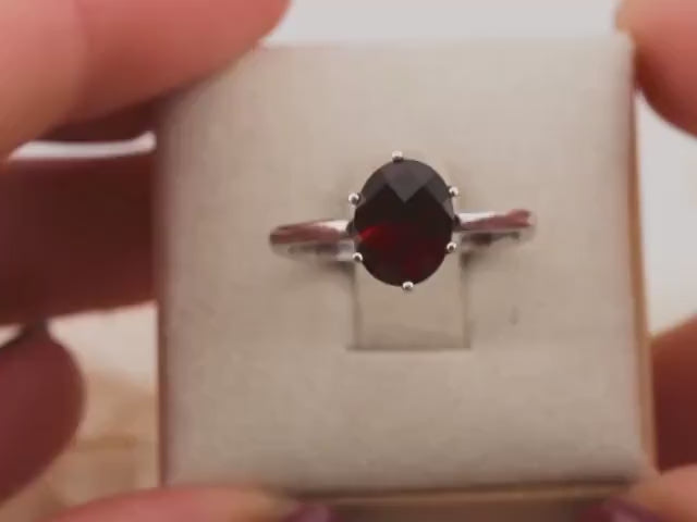 Garnet ring January birthstone ring solid sterling silver ring solitaire oval garnet, size 7