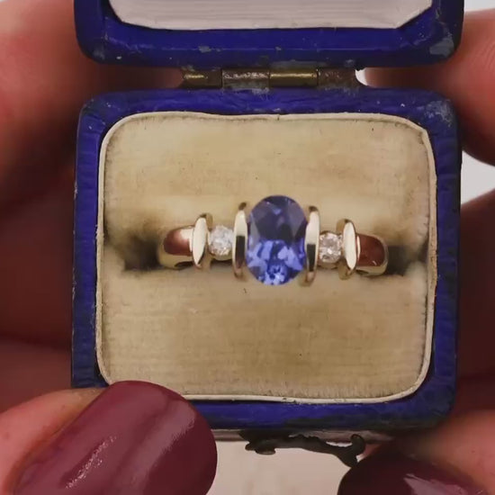 Vintage Sapphire and diamond ring three stone ring 9k solid white gold ring with lab grown ethical sapphire and natural diamonds, size 4.75