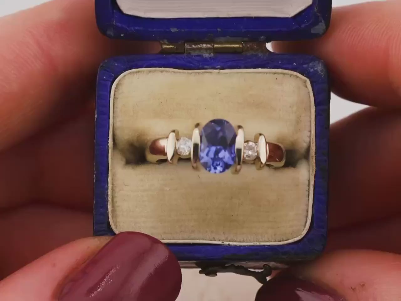 Vintage Sapphire and diamond ring three stone ring 9k solid white gold ring with lab grown ethical sapphire and natural diamonds, size 4.75