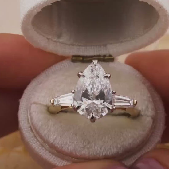 Pear engagement ring three stone engagement ring lab grown diamond ring 3 carat solid gold IGI certified lab grown diamonds