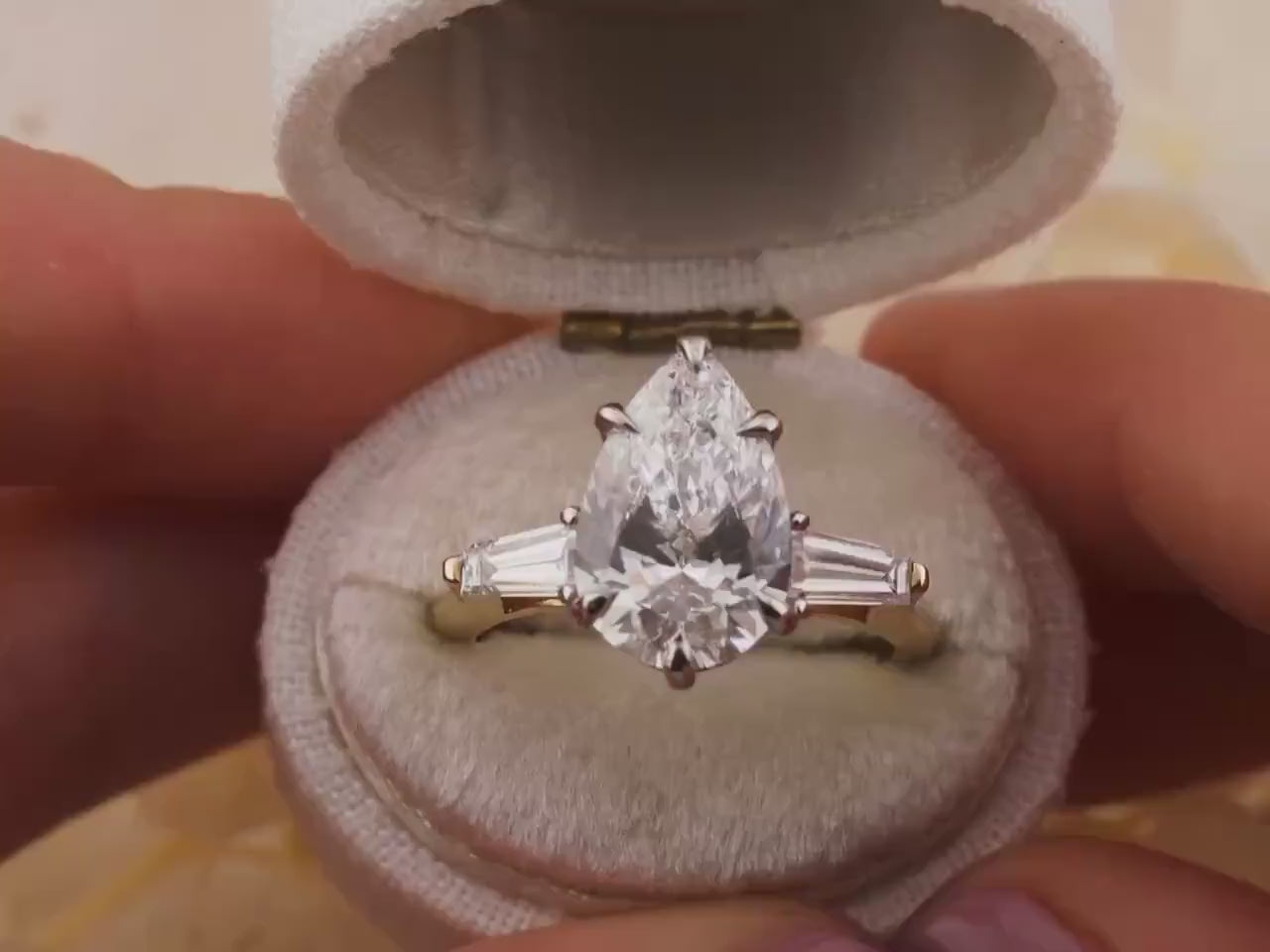 Pear engagement ring three stone engagement ring lab grown diamond ring 3 carat solid gold IGI certified lab grown diamonds