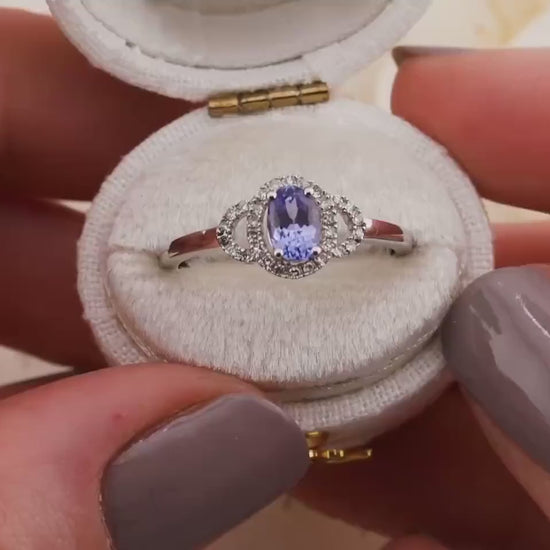 Vintage Oval Tanzanite Diamond Halo Ring, 10k White Gold, Size 7