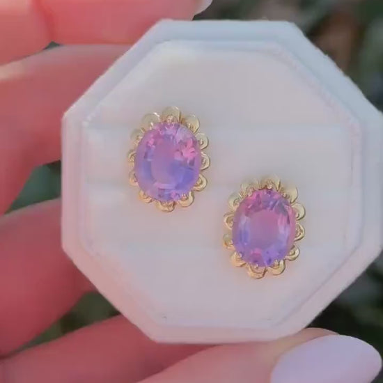 Vintage 14k Gold Amethyst Stud Earrings, Floral Design
