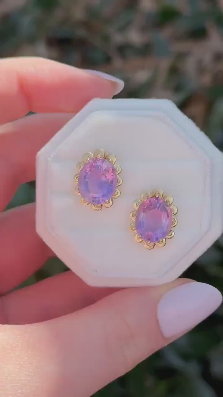 Vintage 14k Gold Amethyst Stud Earrings, Floral Design