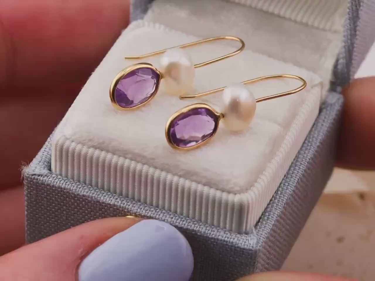 Amethyst and pearl earrings bezel set pear dangle earrings 14k solid yellow gold February birthstone earrings