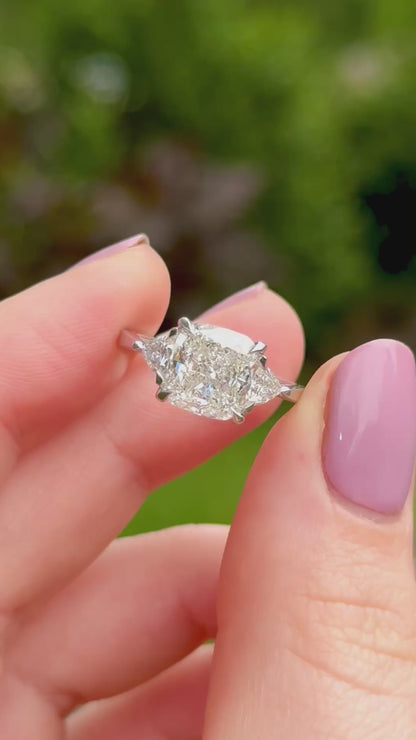 3.32ct Cushion Cut Lab Diamond Three Stone Ring with Trillion Side Stones