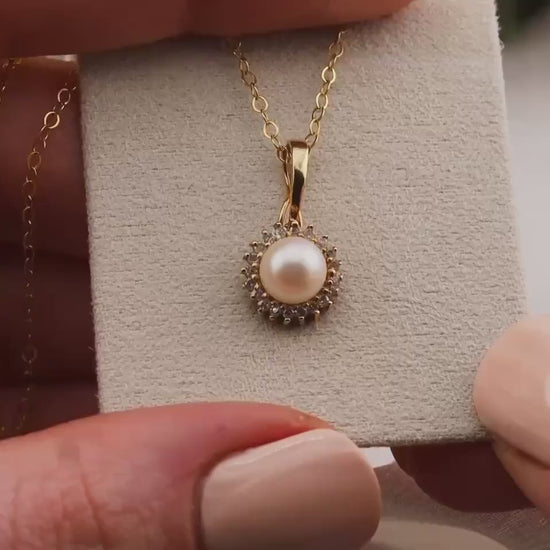 Vintage Pearl halo Necklace Pendant 14k solid yellow gold Necklace genuine cultured pearl and diamond necklace