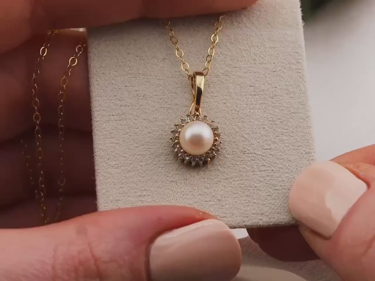 Vintage Pearl halo Necklace Pendant 14k solid yellow gold Necklace genuine cultured pearl and diamond necklace